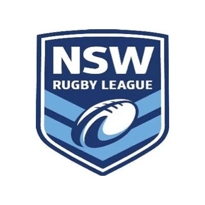 Closed-up logo of NSW rugby league in a blue colour and white background that means Bauerfeind Australia is their official supplier.